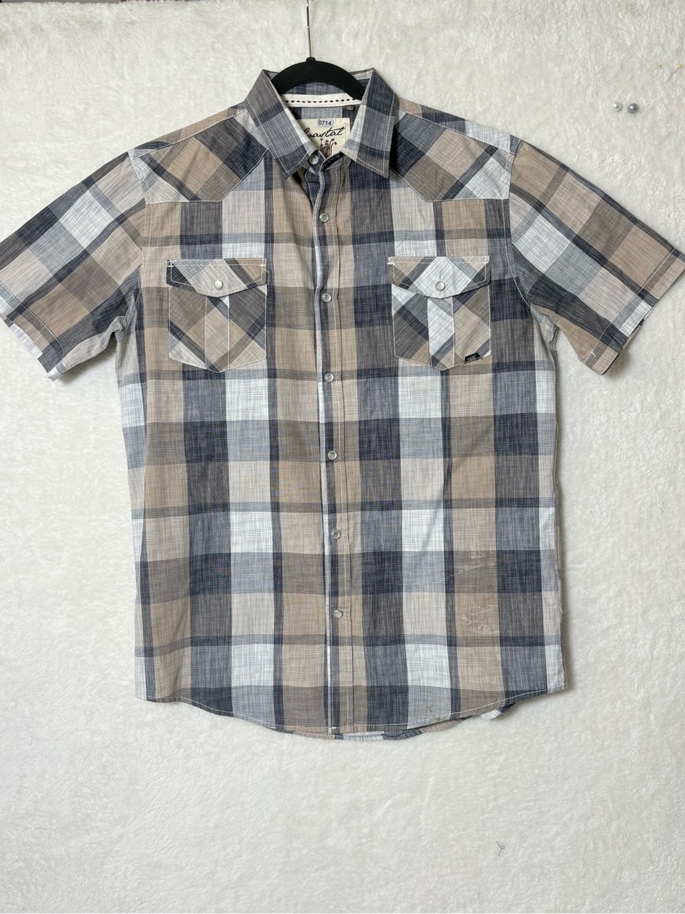 Coastal Men's Short-Sleeve Plaid Button-Up Shirt - Tan & Gray Large 0714
